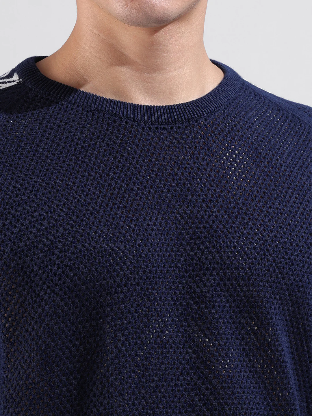 Men's Blue Oversized Fit Solid Flat Knit Crew Neck T-Shirt - Image 6