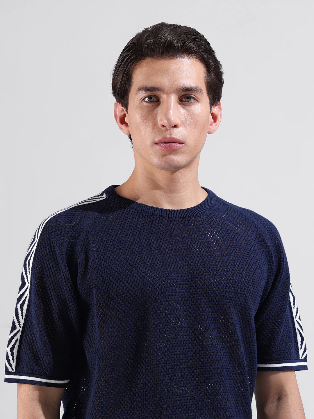 Men's Blue Oversized Fit Solid Flat Knit Crew Neck T-Shirt - Image 7