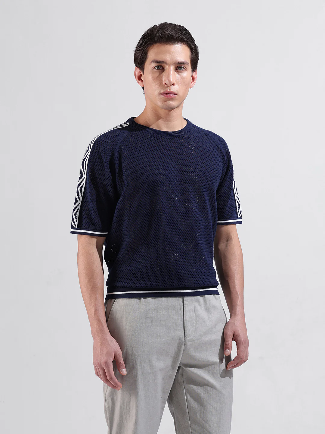 Men's Blue Oversized Fit Solid Flat Knit Crew Neck T-Shirt - Image 8