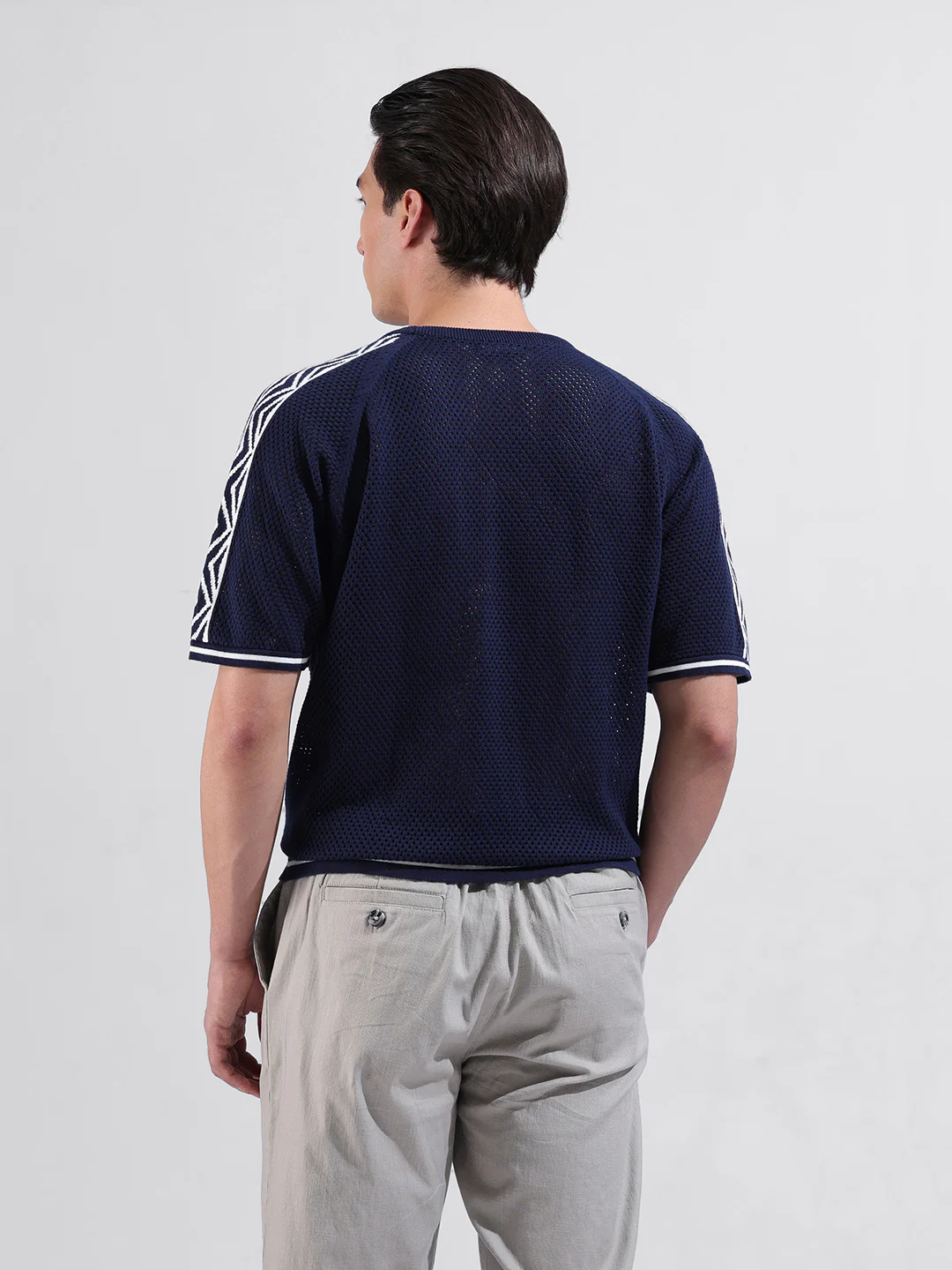 Men's Blue Oversized Fit Solid Flat Knit Crew Neck T-Shirt - Image 9