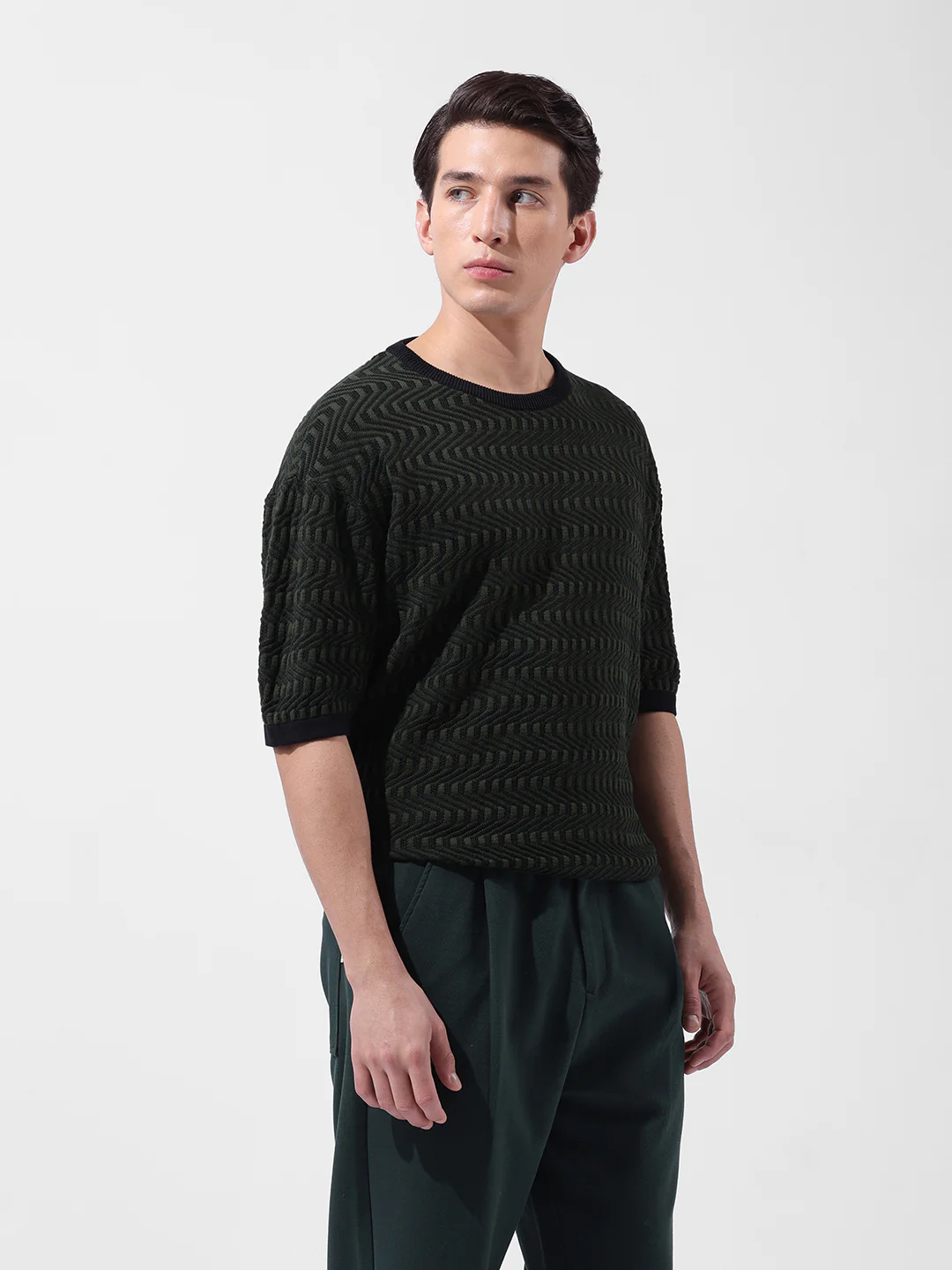 Men's Green Oversized Fit Solid Flat Knit Crew Neck T-Shirt - Image 2