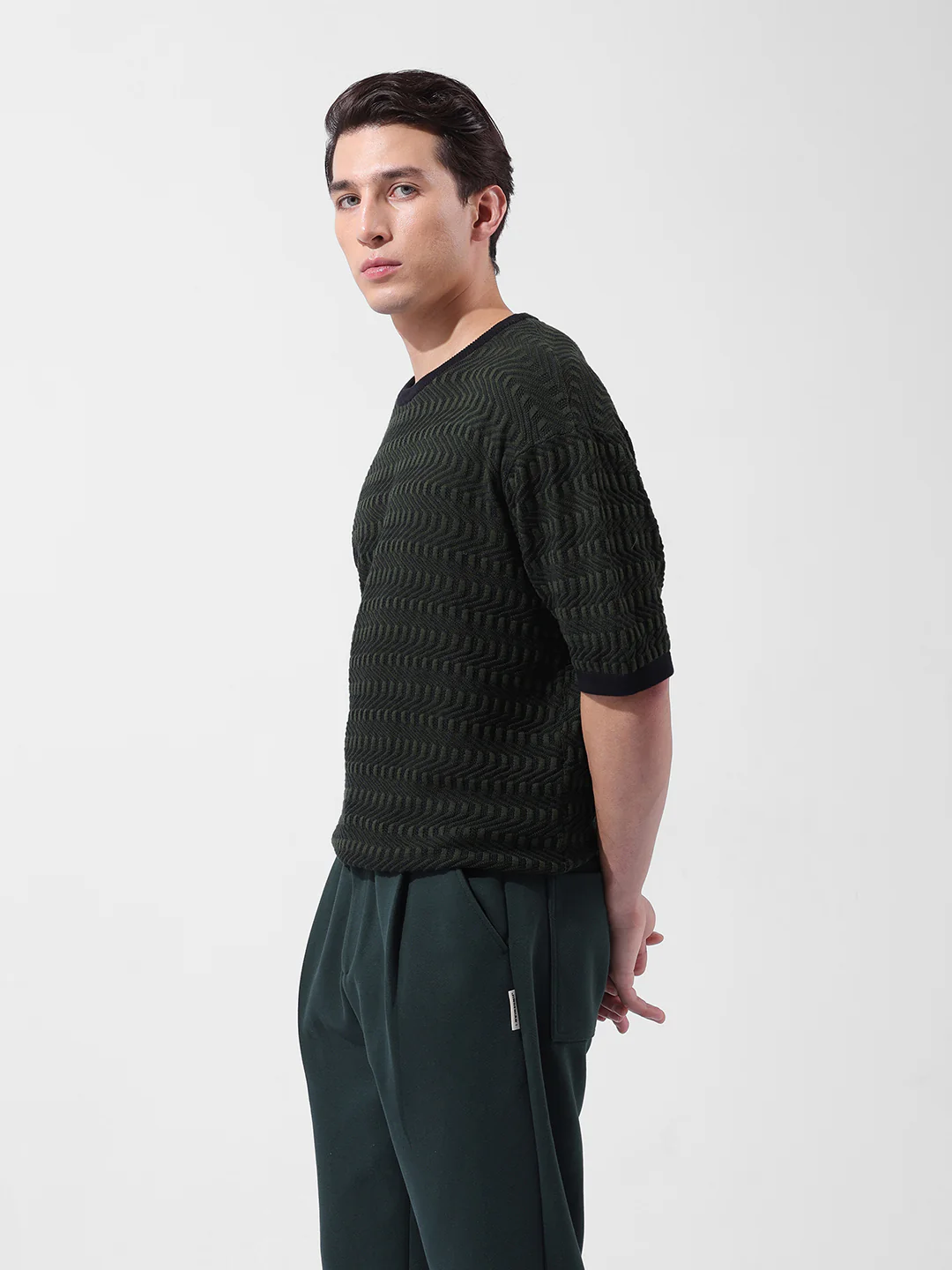Men's Green Oversized Fit Solid Flat Knit Crew Neck T-Shirt - Image 3