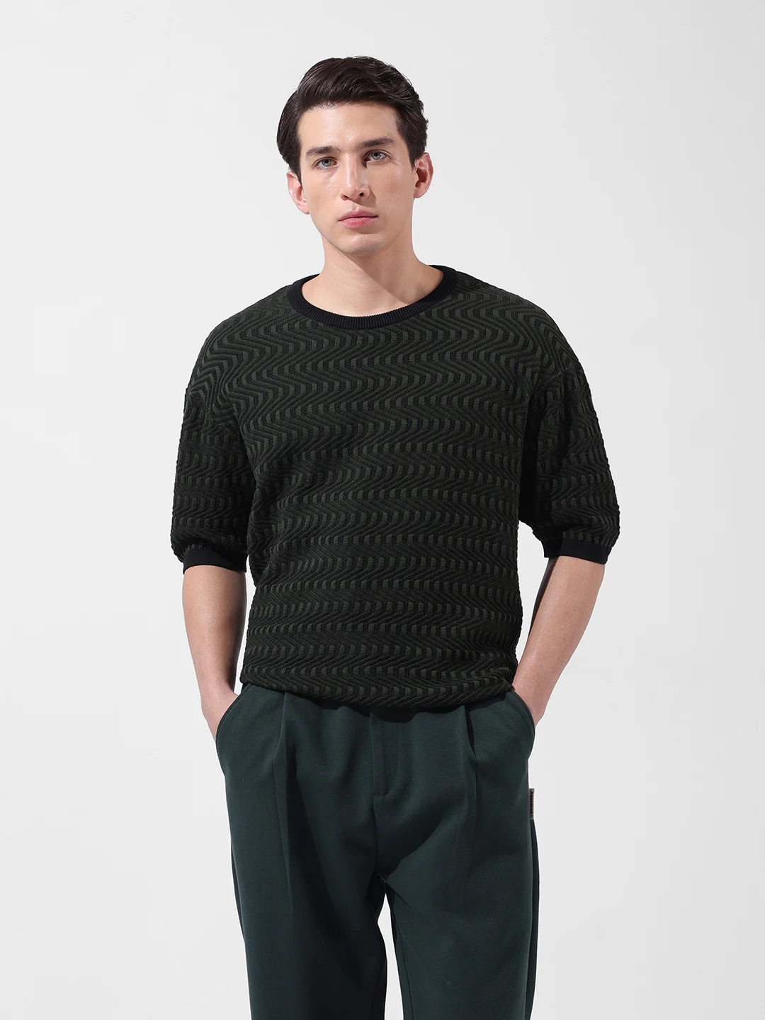 Men's Green Oversized Fit Solid Flat Knit Crew Neck T-Shirt - Image 6