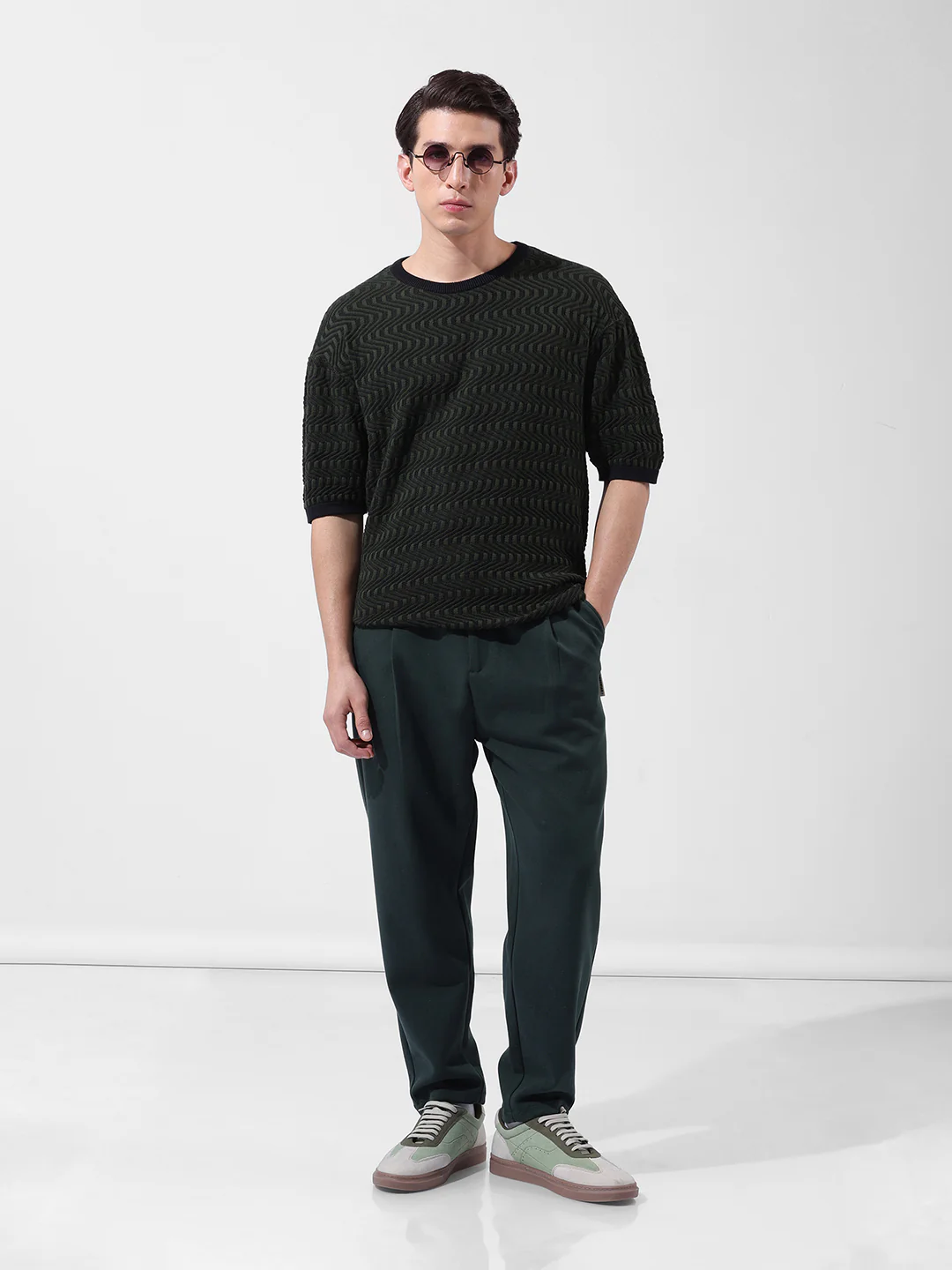 Men's Green Oversized Fit Solid Flat Knit Crew Neck T-Shirt - Image 7