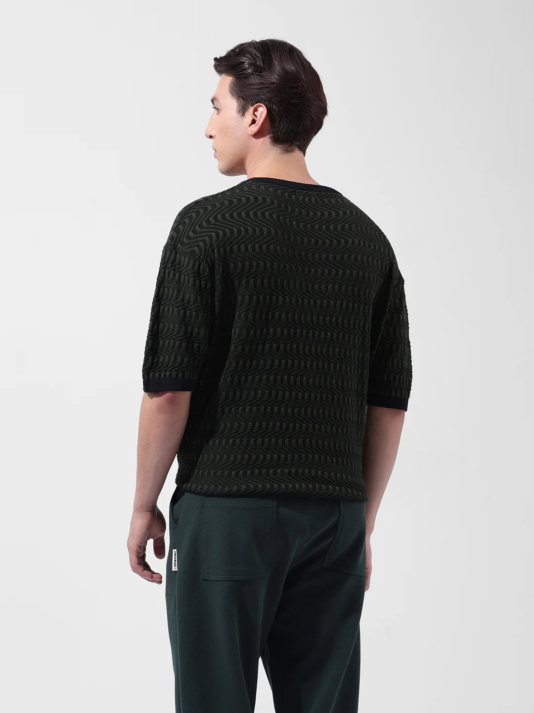 Men's Green Oversized Fit Solid Flat Knit Crew Neck T-Shirt - Image 8