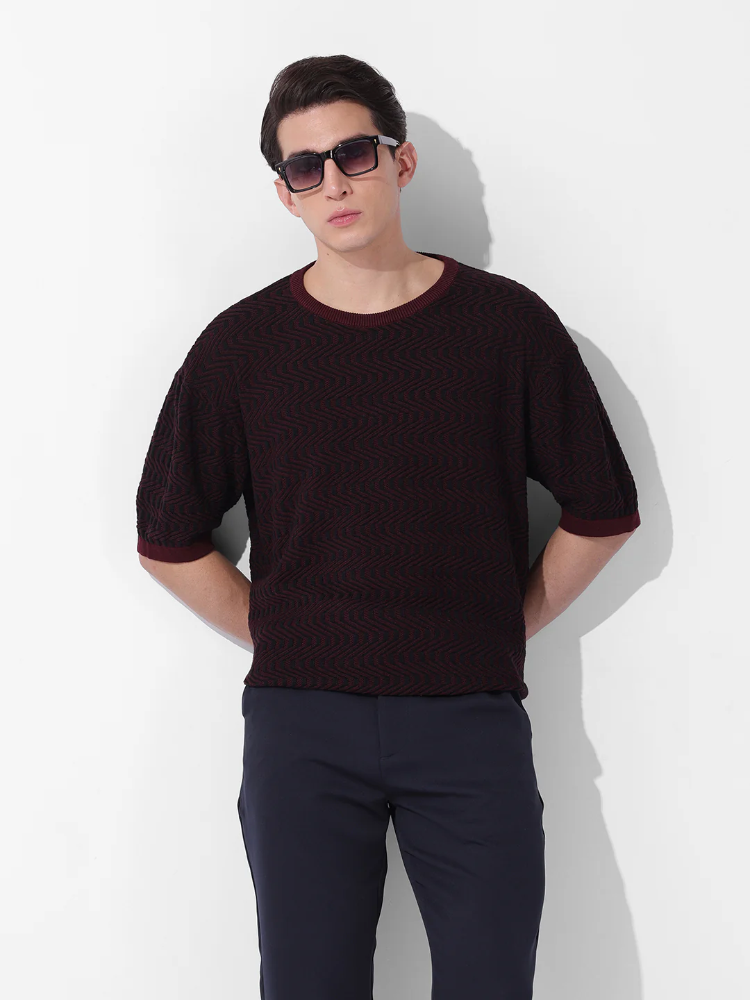 Men's Maroon Oversized Fit Solid Flat Knit Crew Neck T-Shirt - Image 2