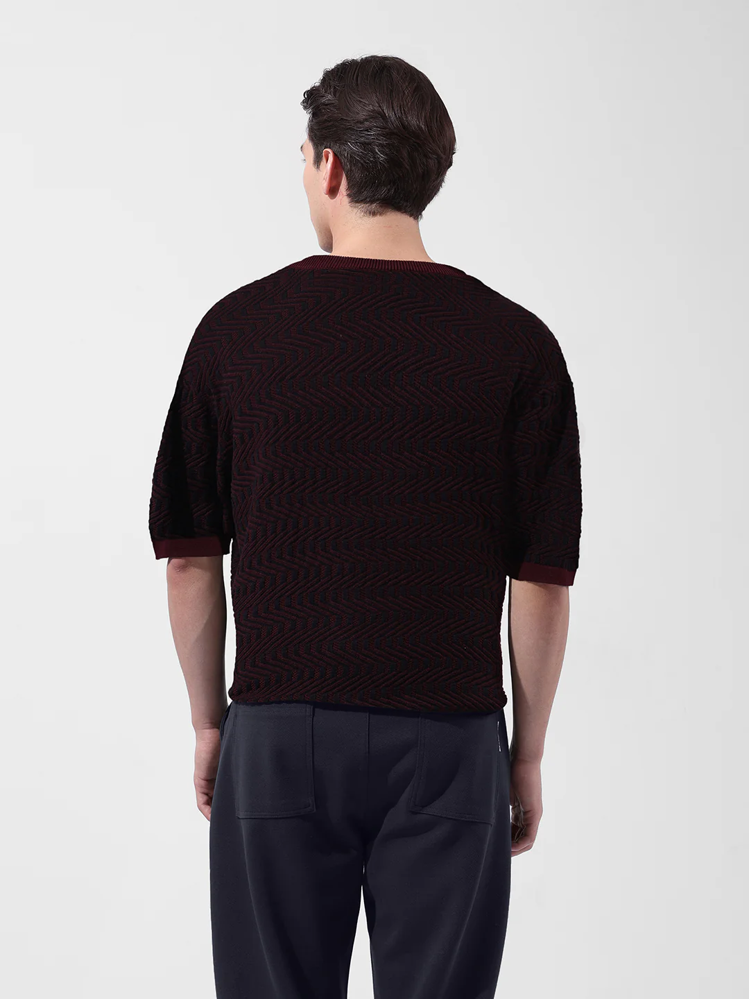 Men's Maroon Oversized Fit Solid Flat Knit Crew Neck T-Shirt - Image 3