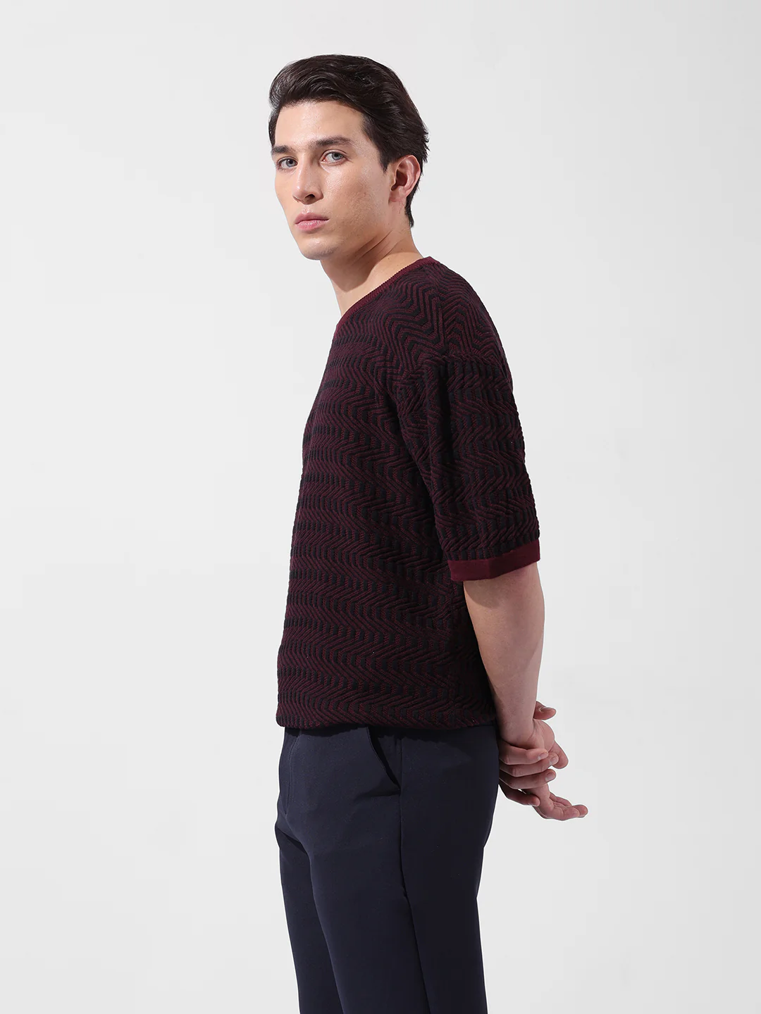 Men's Maroon Oversized Fit Solid Flat Knit Crew Neck T-Shirt - Image 4