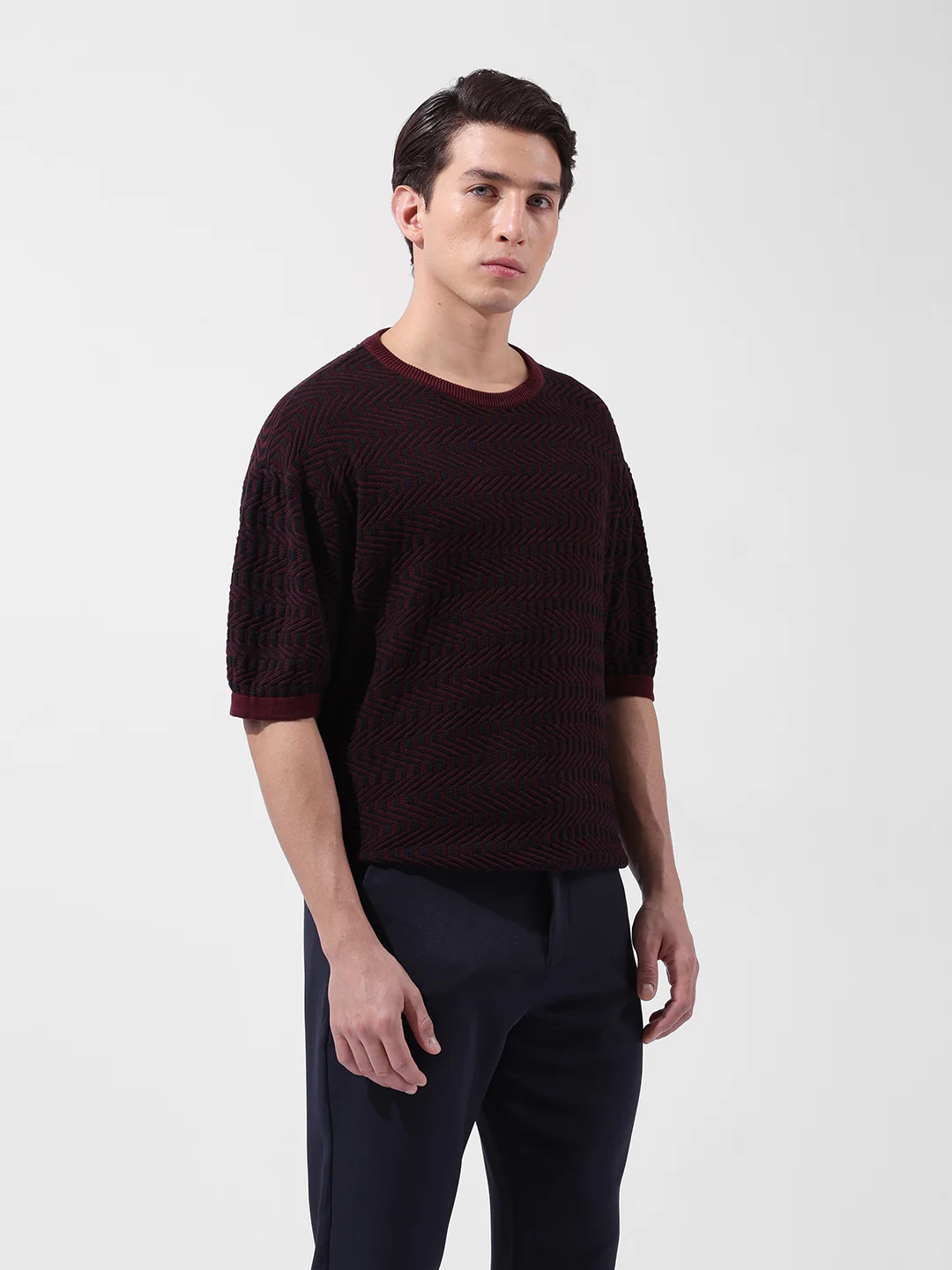 Men's Maroon Oversized Fit Solid Flat Knit Crew Neck T-Shirt - Image 5