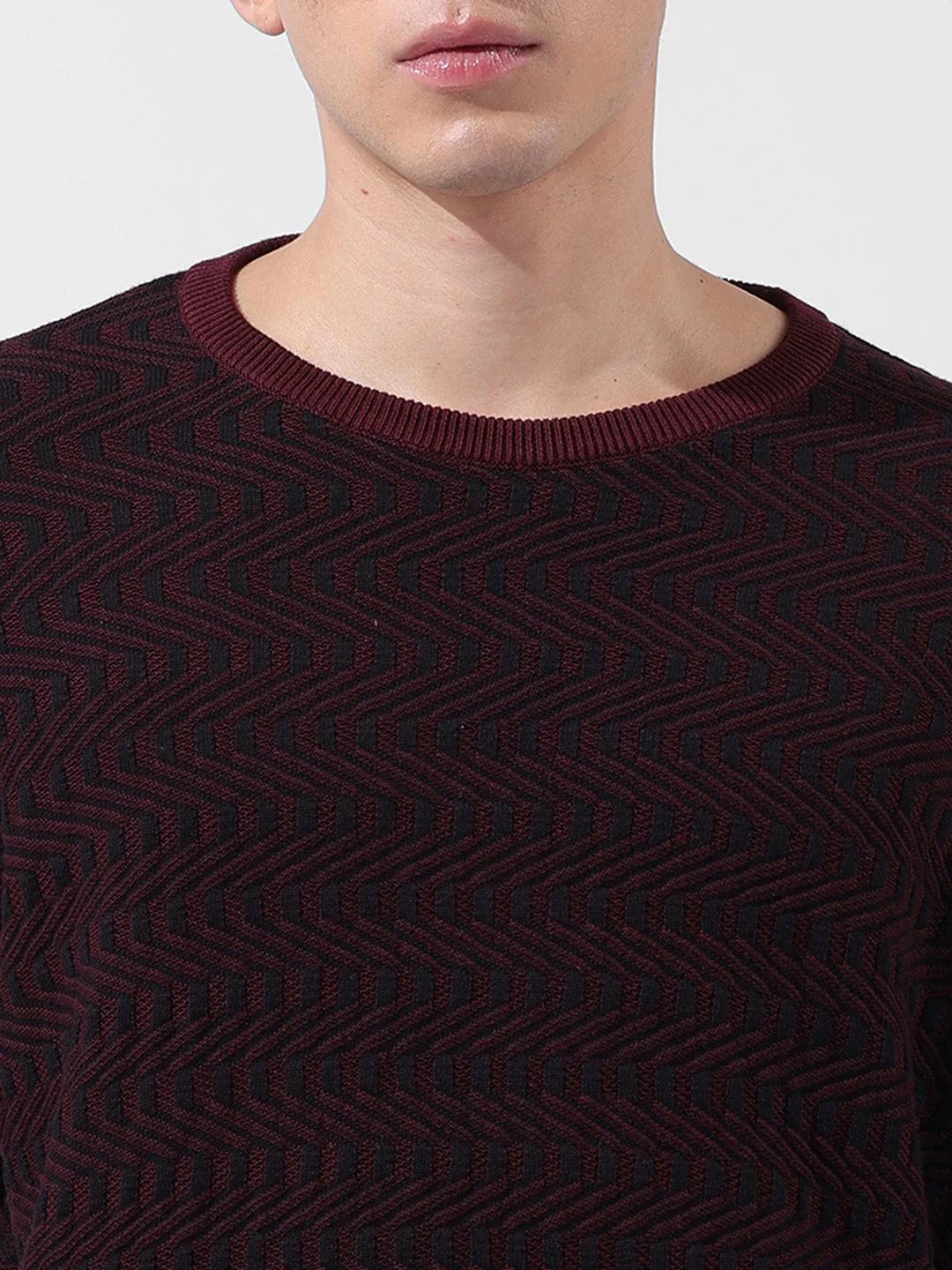 Men's Maroon Oversized Fit Solid Flat Knit Crew Neck T-Shirt - Image 6