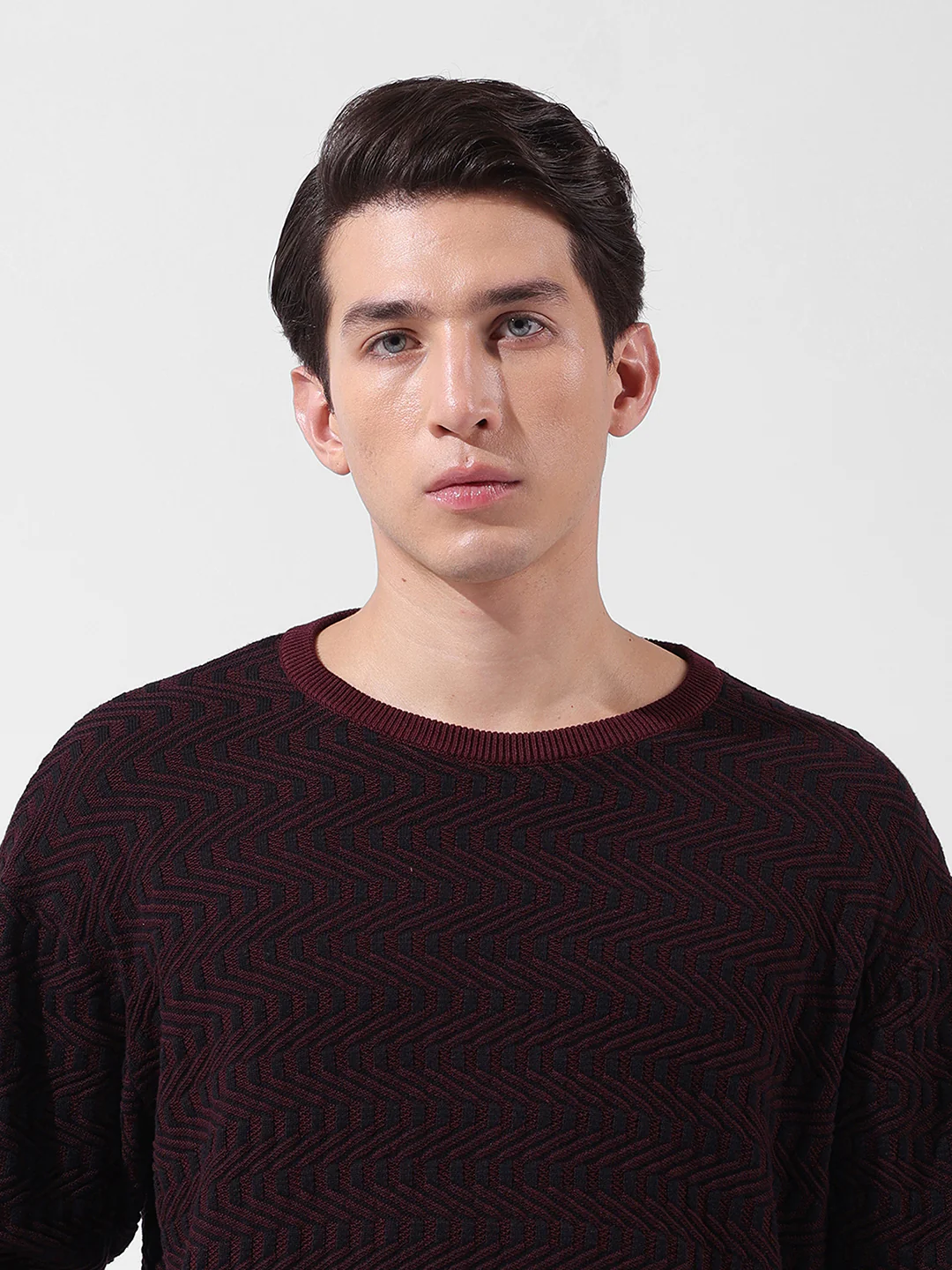 Men's Maroon Oversized Fit Solid Flat Knit Crew Neck T-Shirt - Image 7