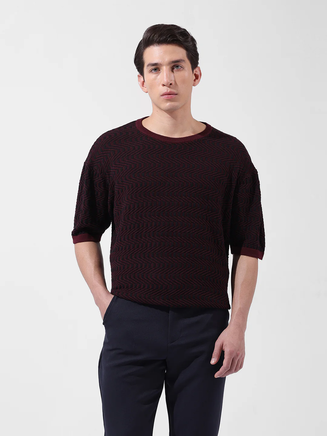 Men's Maroon Oversized Fit Solid Flat Knit Crew Neck T-Shirt - Image 8