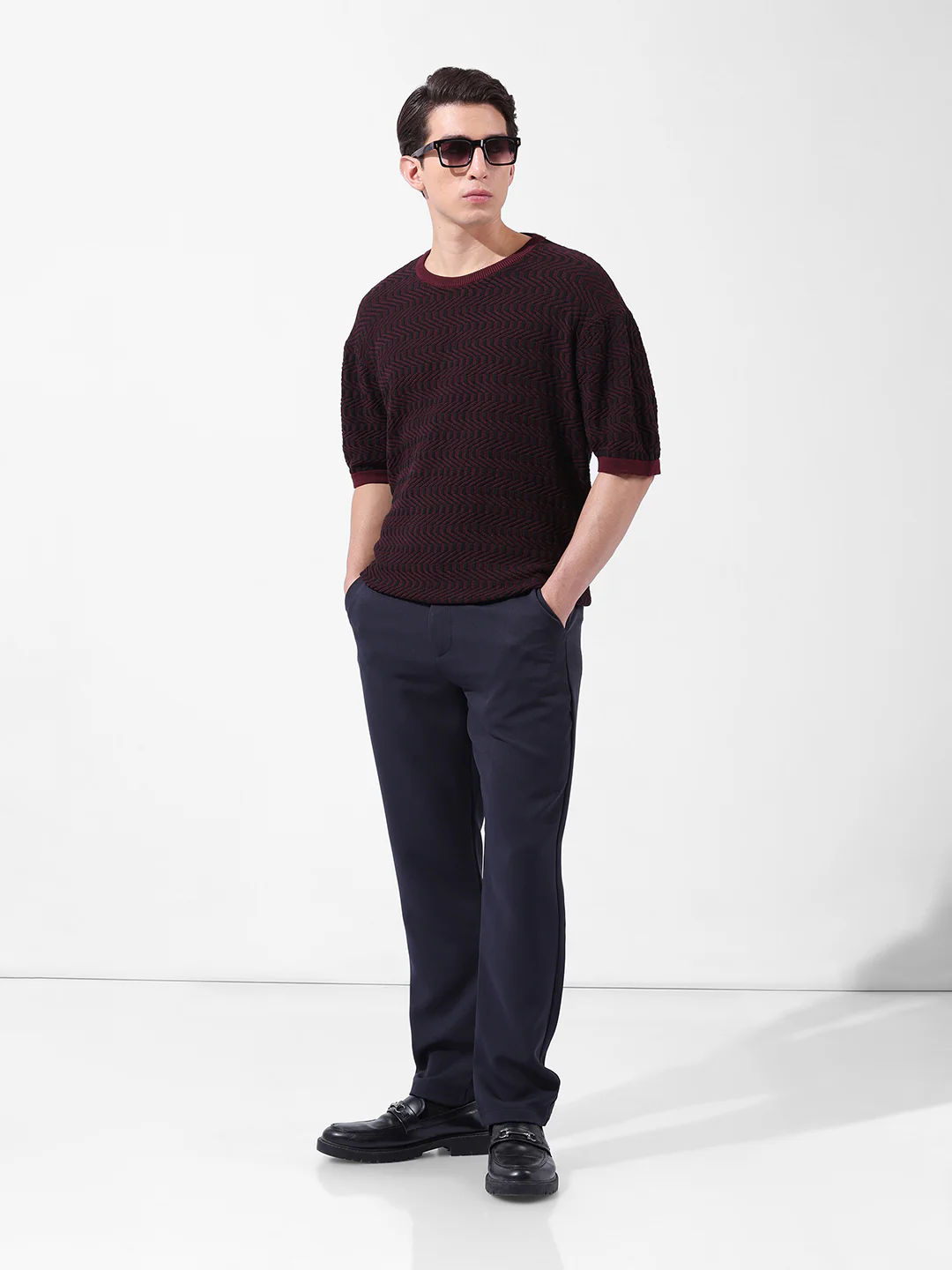 Men's Maroon Oversized Fit Solid Flat Knit Crew Neck T-Shirt - Image 9