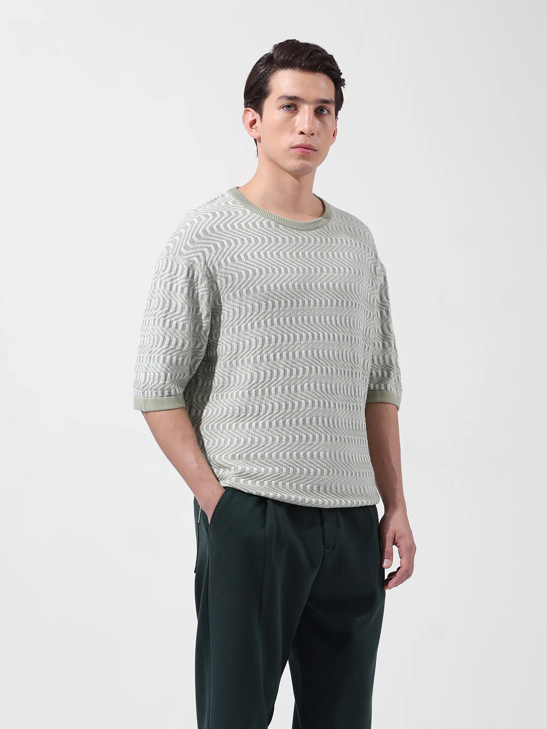 Men's Green Oversized Fit Solid Flat Knit T-Shirt - Image 2