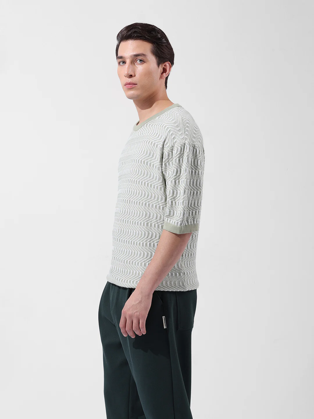 Men's Green Oversized Fit Solid Flat Knit T-Shirt - Image 3