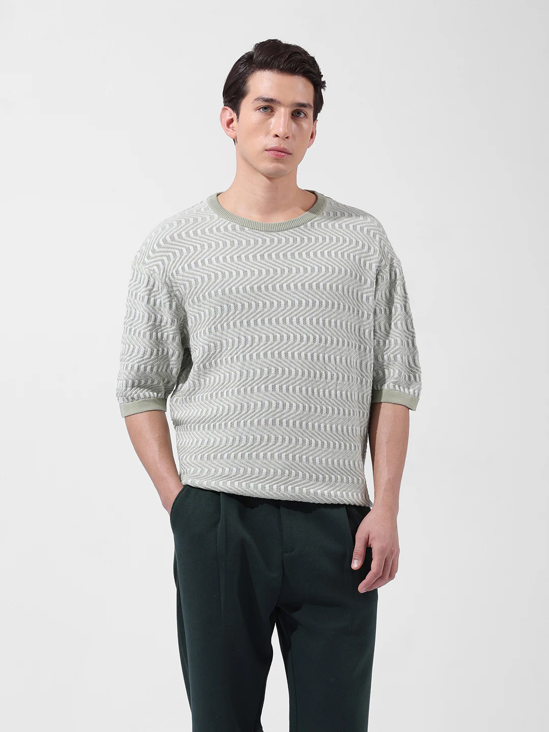 Men's Green Oversized Fit Solid Flat Knit T-Shirt - Image 6