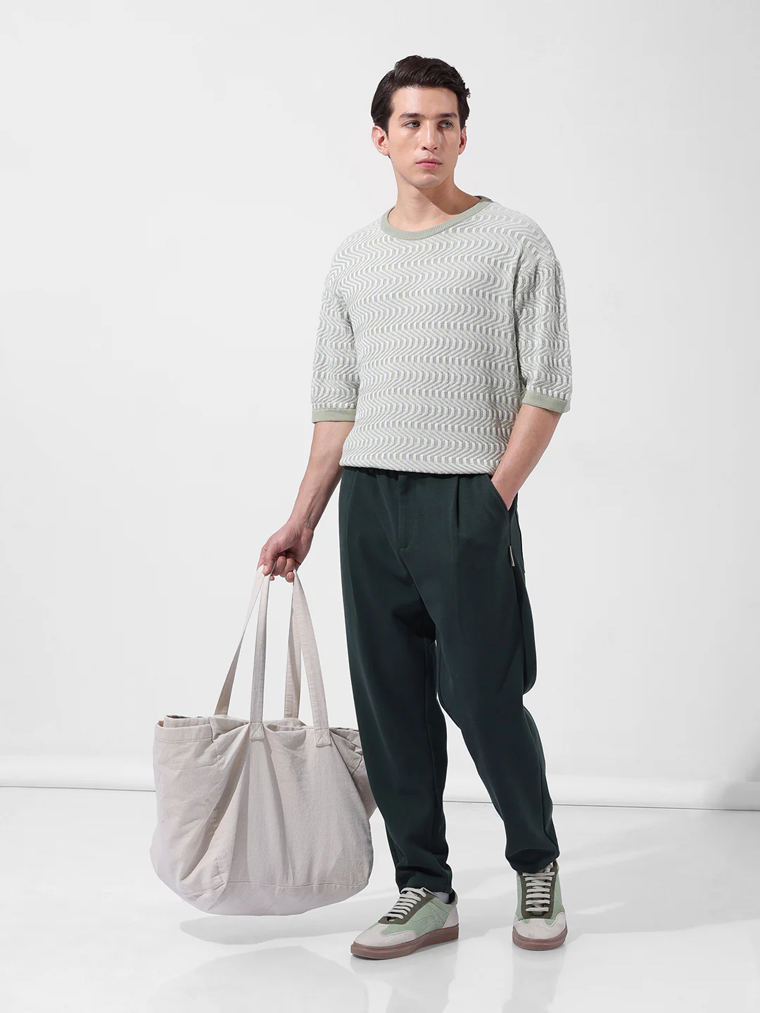 Men's Green Oversized Fit Solid Flat Knit T-Shirt - Image 7