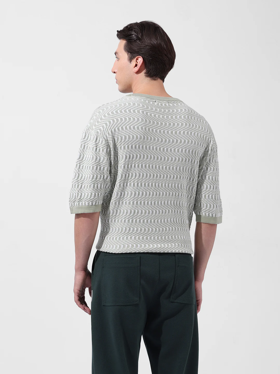 Men's Green Oversized Fit Solid Flat Knit T-Shirt - Image 8