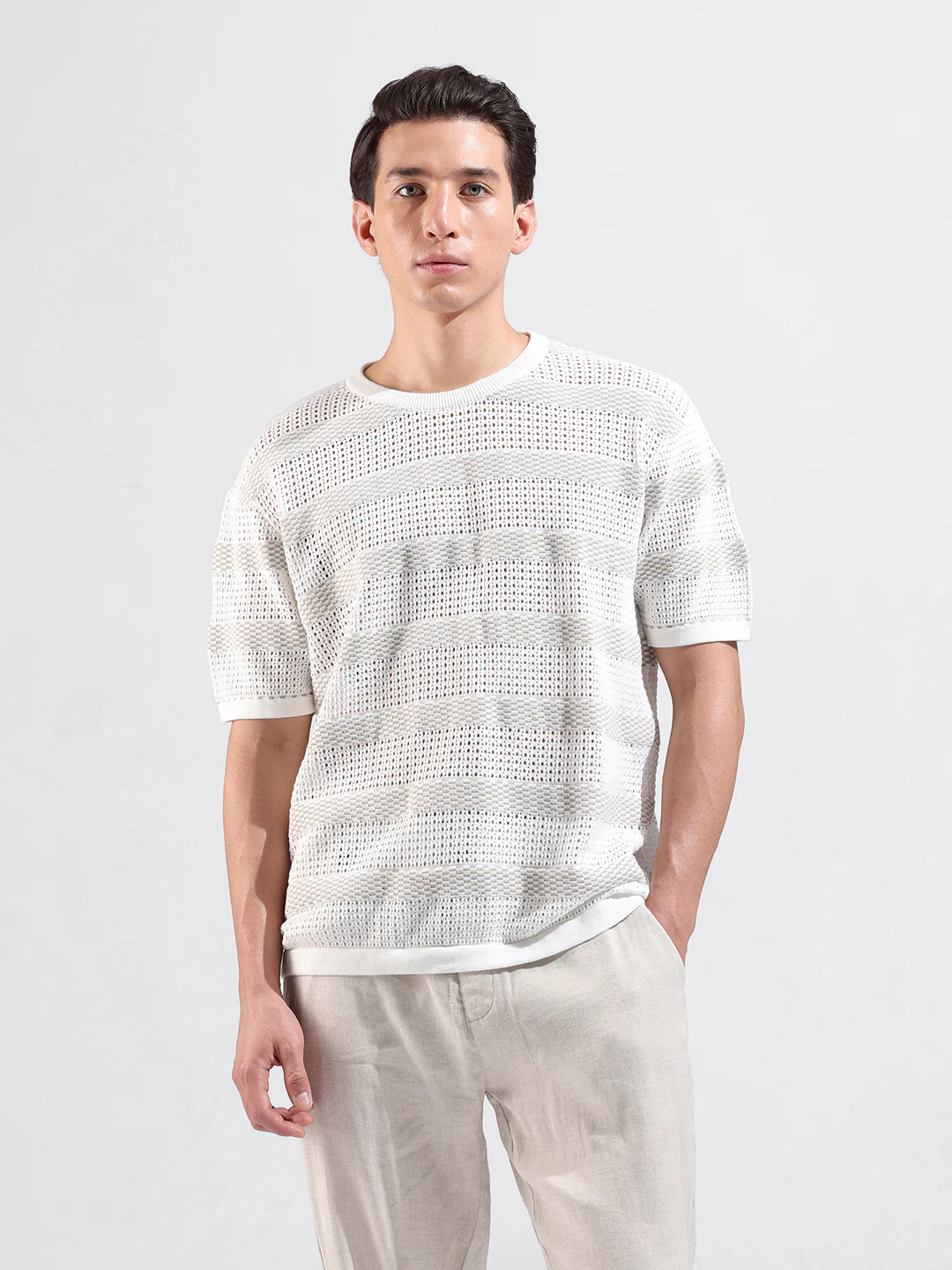 Men's White Oversized Fit Striped Flat Knit Crew Neck T-Shirt - Image 2