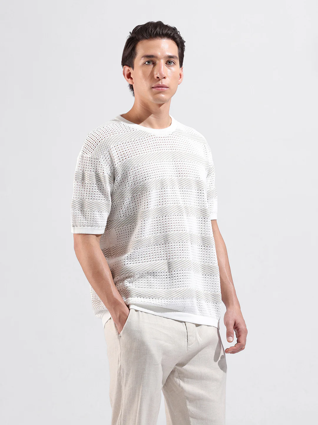 Men's White Oversized Fit Striped Flat Knit Crew Neck T-Shirt - Image 3