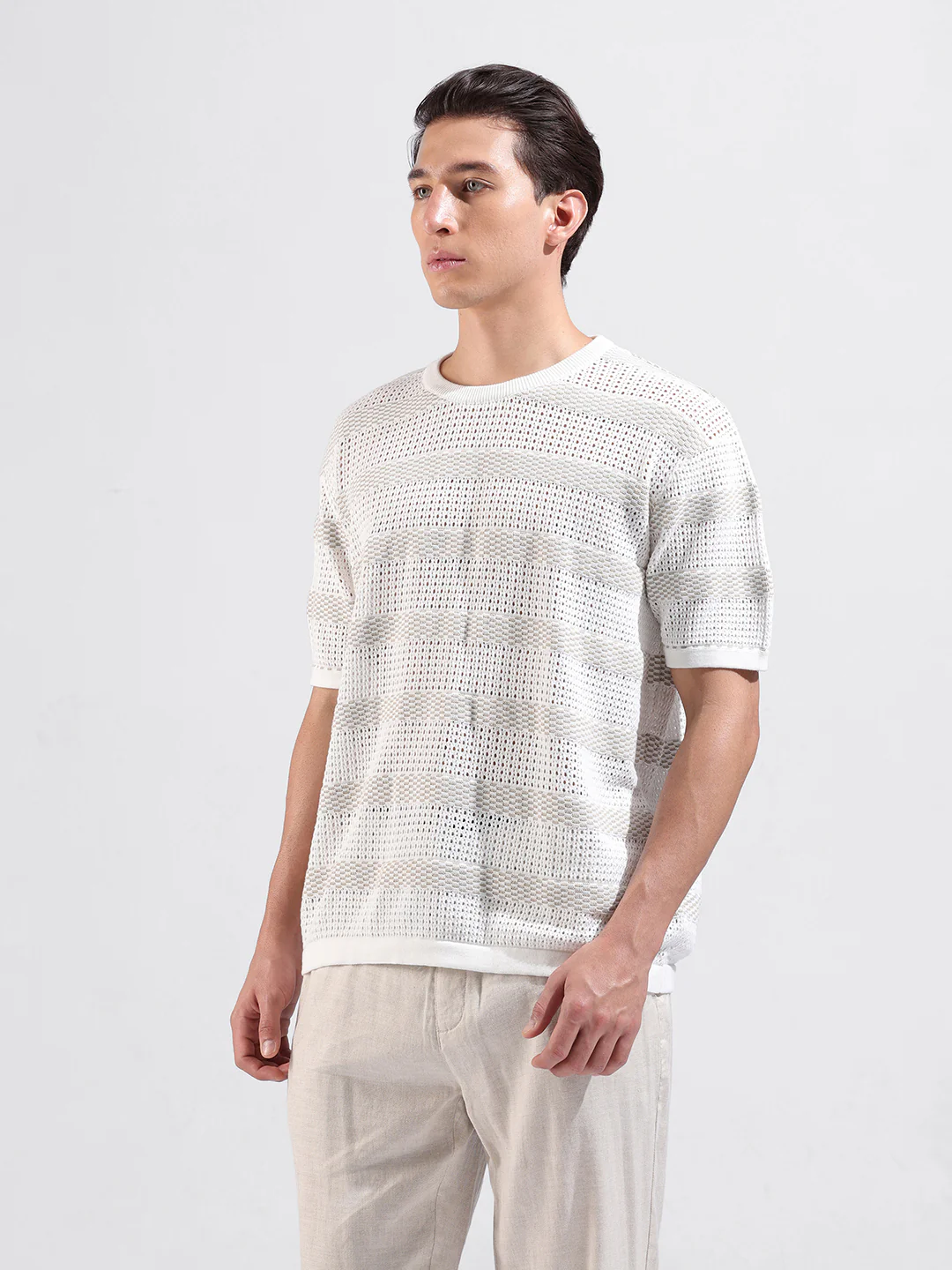 Men's White Oversized Fit Striped Flat Knit Crew Neck T-Shirt - Image 4