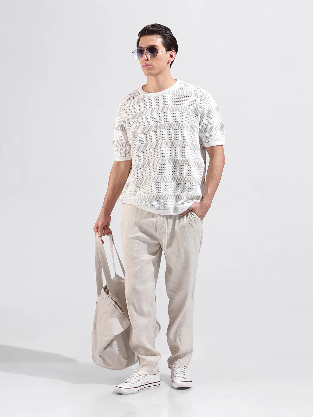 Men's White Oversized Fit Striped Flat Knit Crew Neck T-Shirt - Image 5