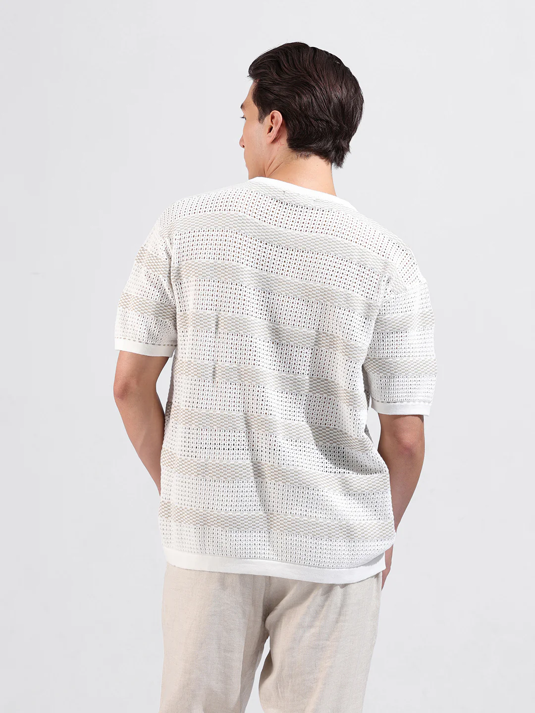 Men's White Oversized Fit Striped Flat Knit Crew Neck T-Shirt - Image 6