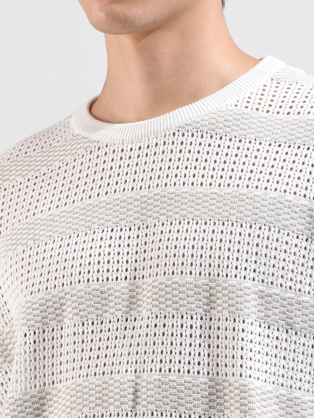 Men's White Oversized Fit Striped Flat Knit Crew Neck T-Shirt - Image 7