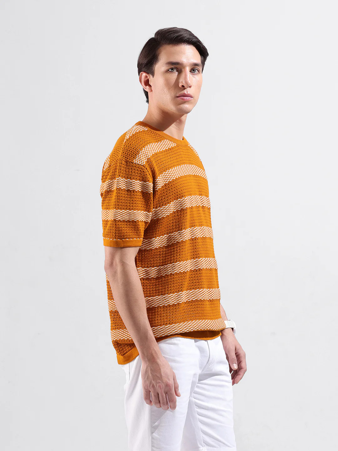 Men's Rust Oversized Fit Striped Flat Knit T-Shirt - Image 2