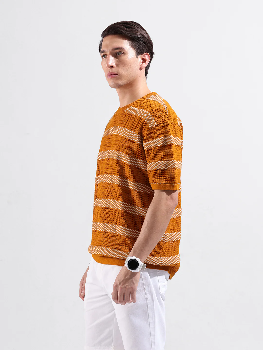 Men's Rust Oversized Fit Striped Flat Knit T-Shirt - Image 3