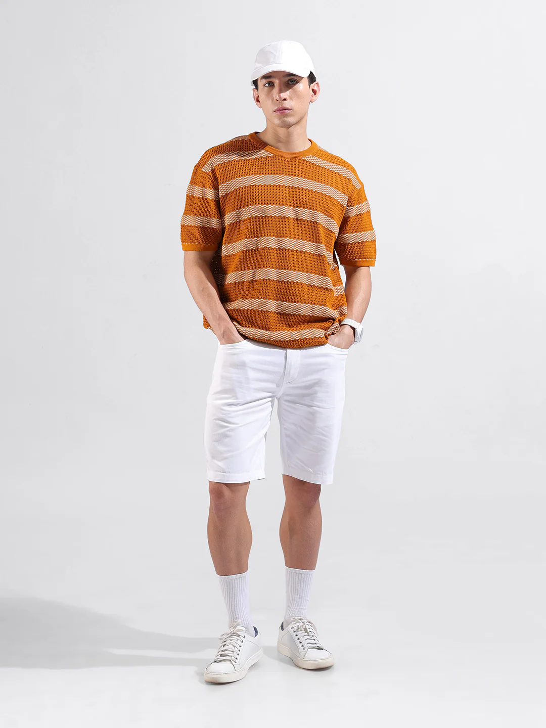 Men's Rust Oversized Fit Striped Flat Knit T-Shirt - Image 4