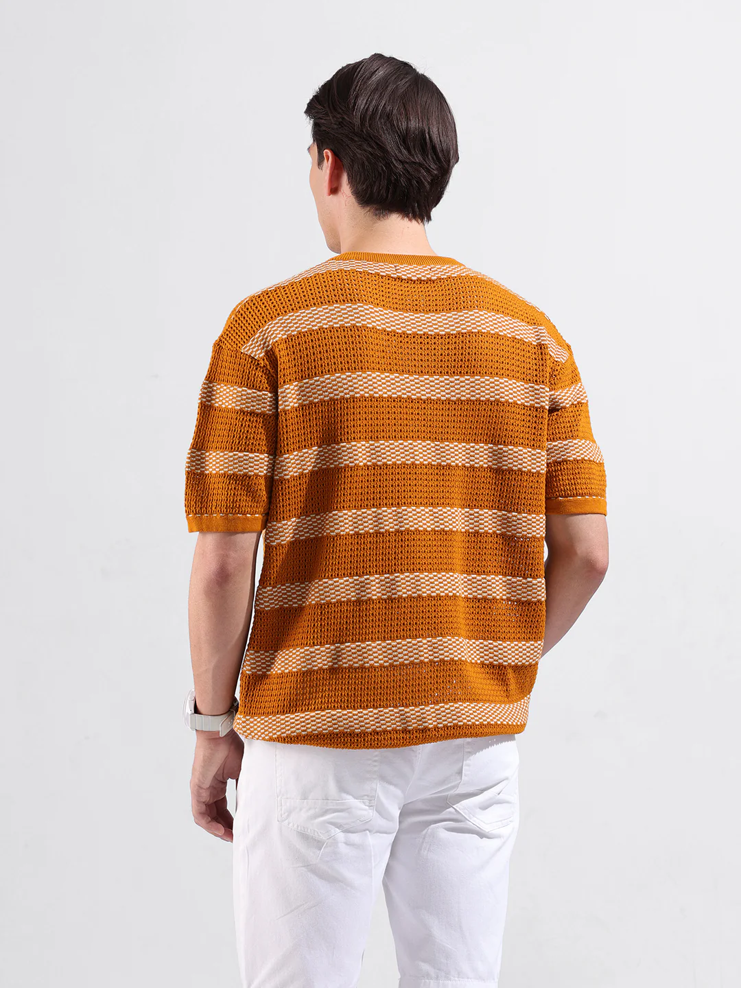 Men's Rust Oversized Fit Striped Flat Knit T-Shirt - Image 5