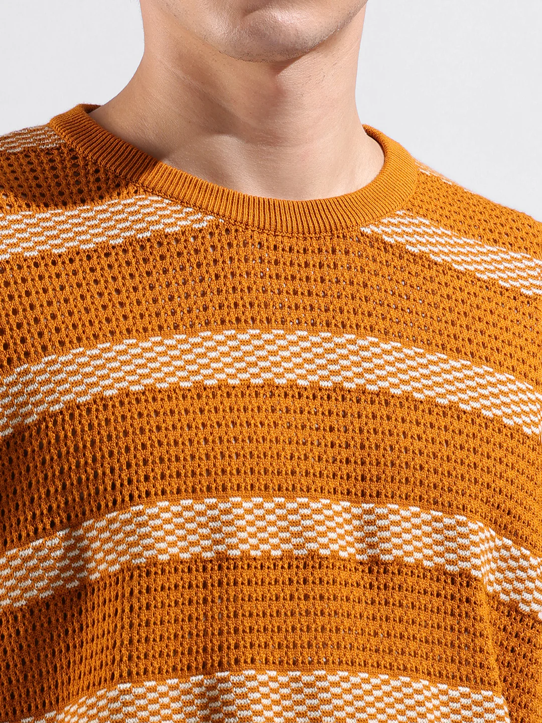 Men's Rust Oversized Fit Striped Flat Knit T-Shirt - Image 6