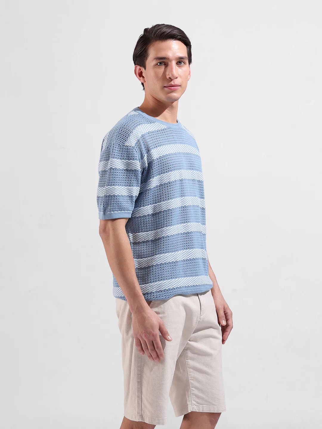 Men's Blue Oversized Fit Striped Flat Knit T-Shirt - Image 2