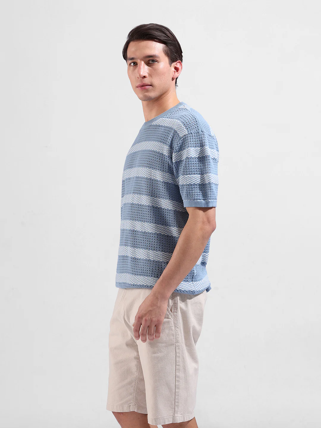 Men's Blue Oversized Fit Striped Flat Knit T-Shirt - Image 3