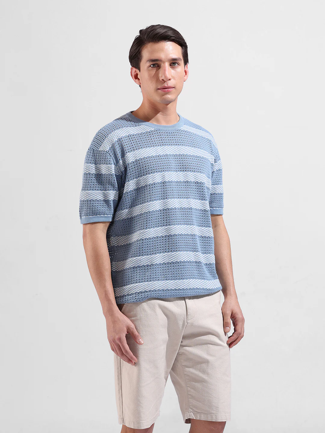 Men's Blue Oversized Fit Striped Flat Knit T-Shirt - Image 4