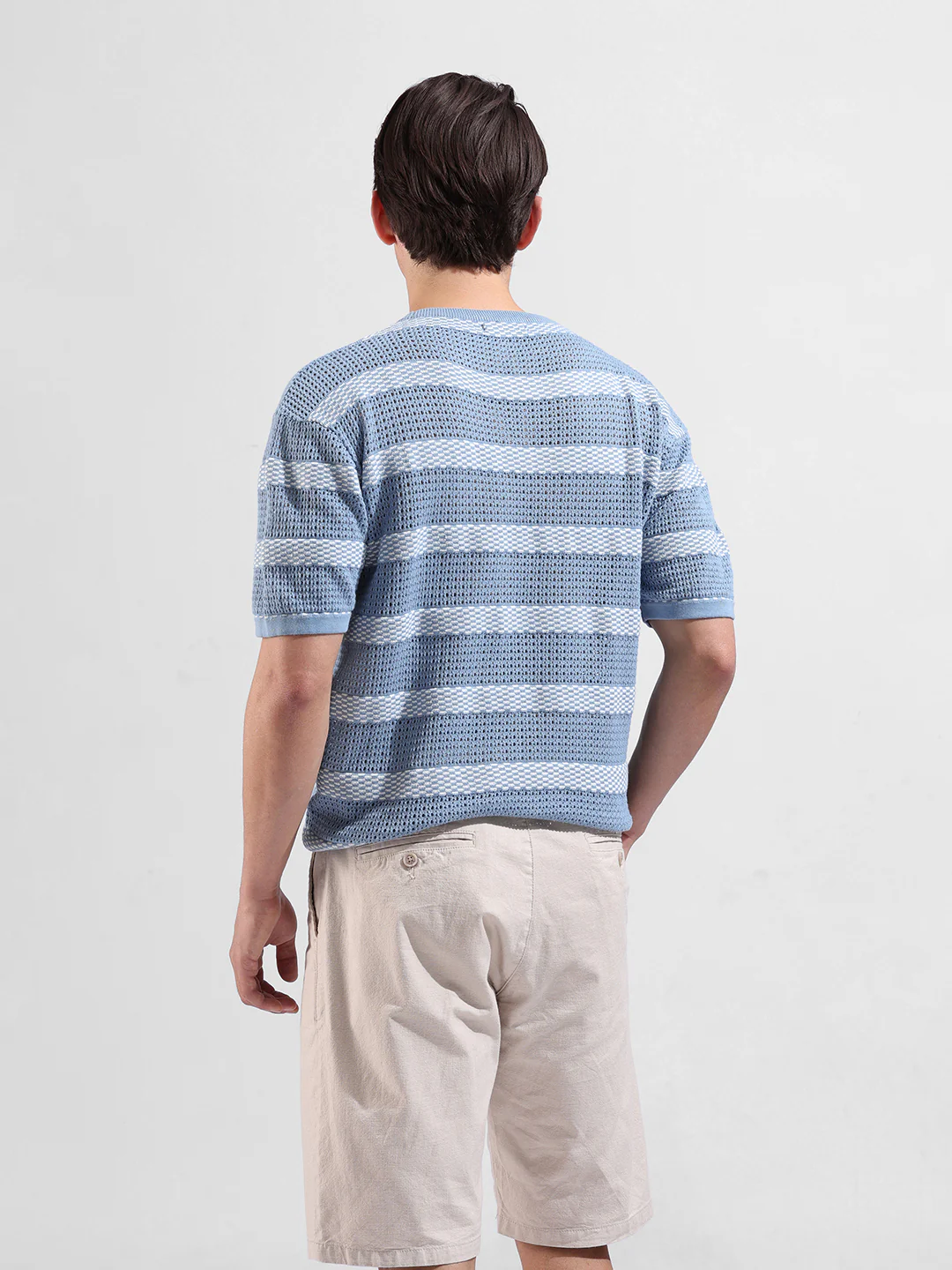 Men's Blue Oversized Fit Striped Flat Knit T-Shirt - Image 5