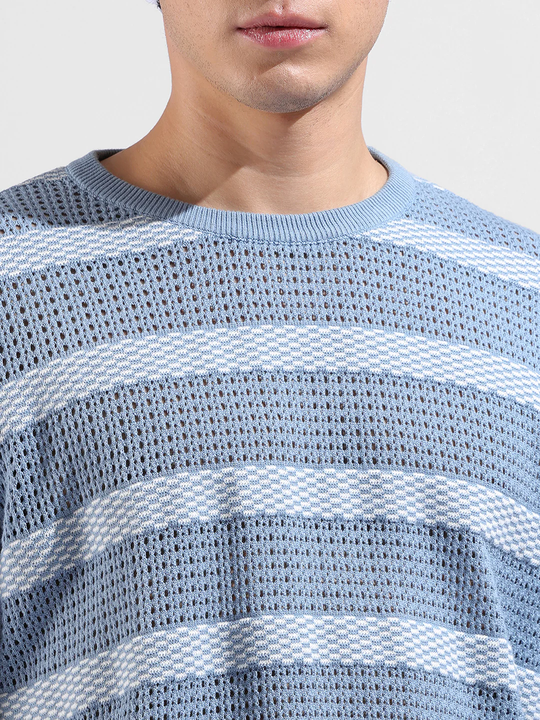 Men's Blue Oversized Fit Striped Flat Knit T-Shirt - Image 6