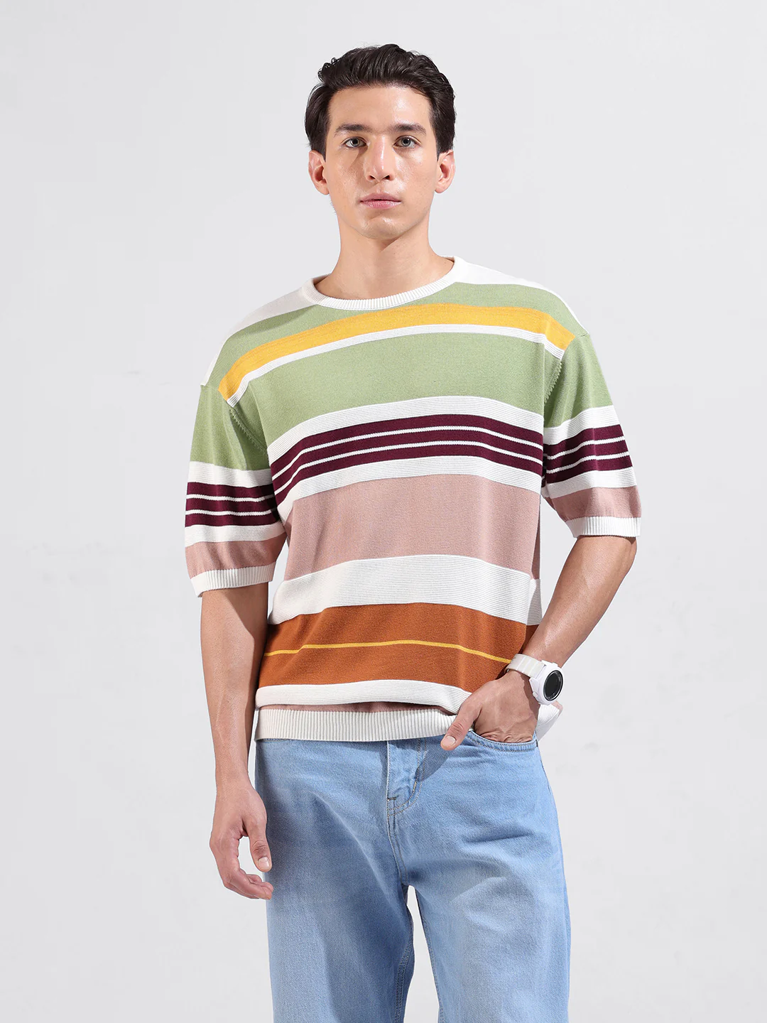 Men's Multicolor Oversized Fit Striped Flat Knit Crew Neck T-Shirt - Image 2