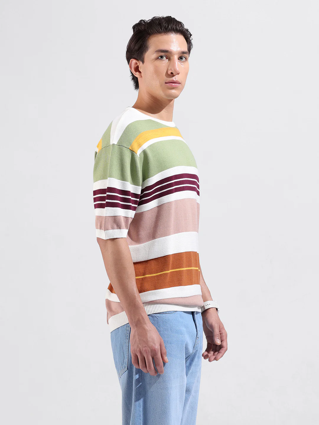 Men's Multicolor Oversized Fit Striped Flat Knit Crew Neck T-Shirt - Image 3