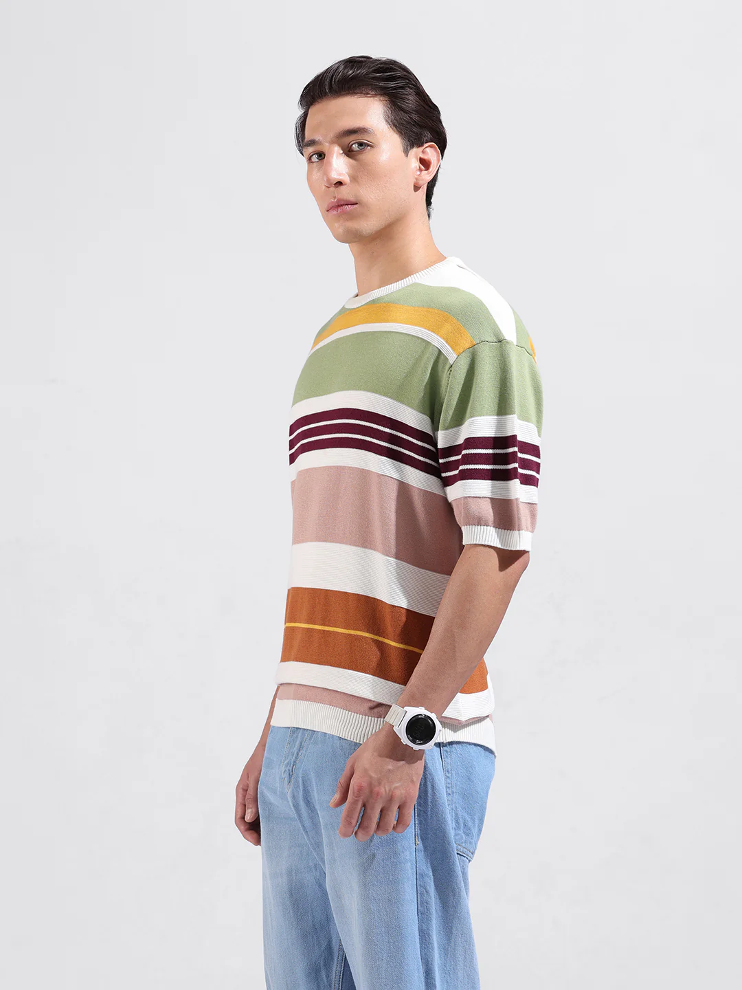Men's Multicolor Oversized Fit Striped Flat Knit Crew Neck T-Shirt - Image 4