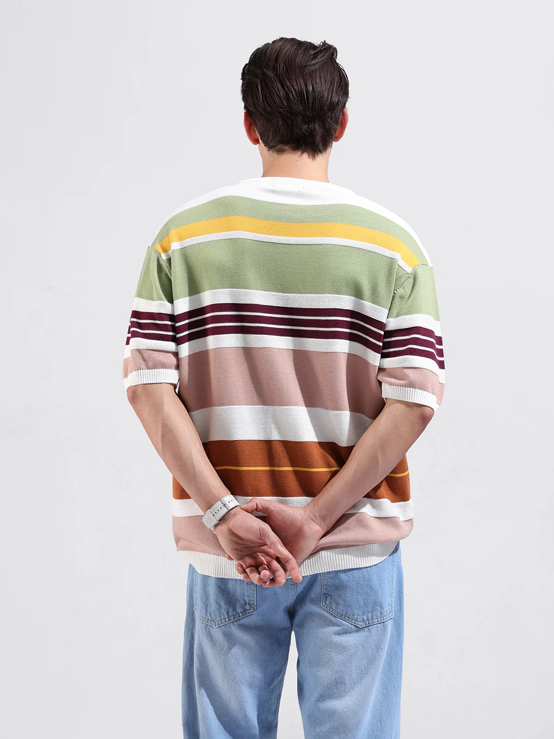 Men's Multicolor Oversized Fit Striped Flat Knit Crew Neck T-Shirt - Image 5