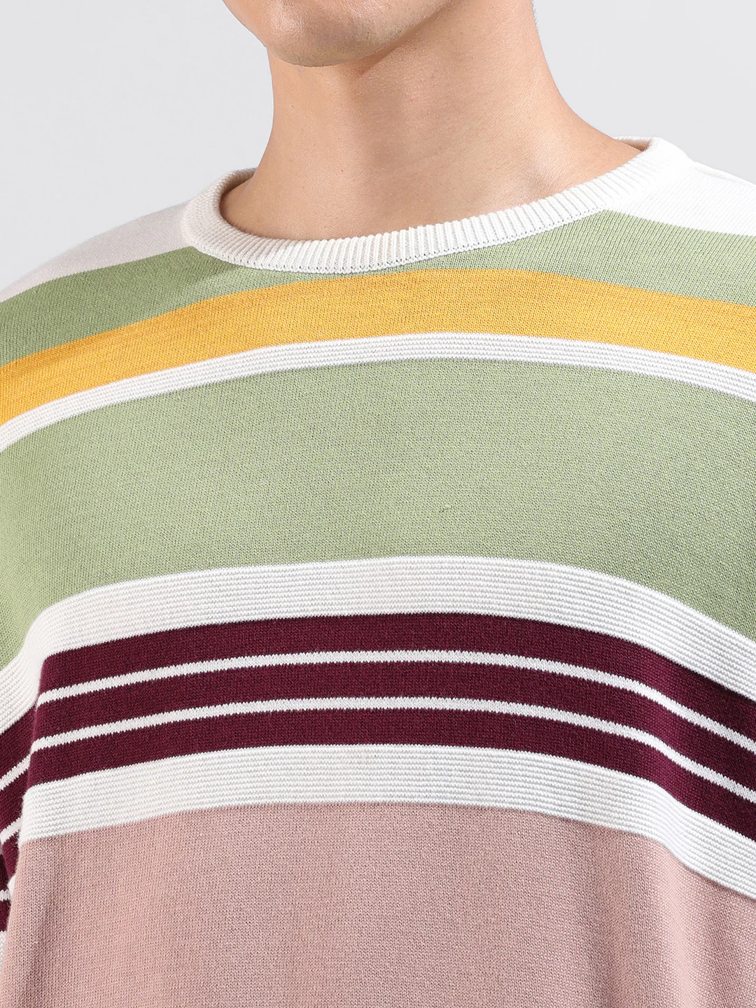Men's Multicolor Oversized Fit Striped Flat Knit Crew Neck T-Shirt - Image 6