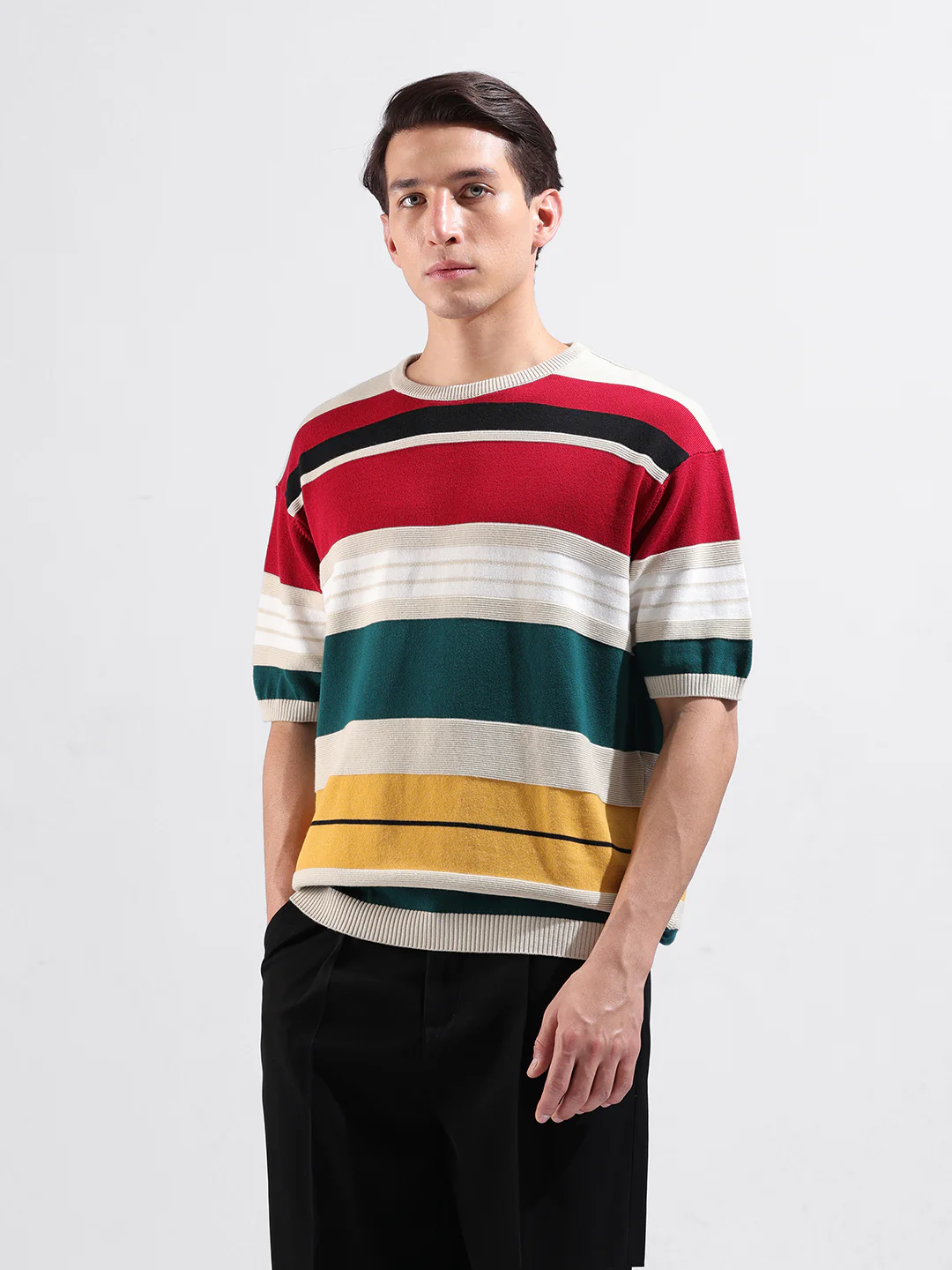 Men's Multicolor Oversized Fit Striped Flat Knit T-Shirt - Image 2