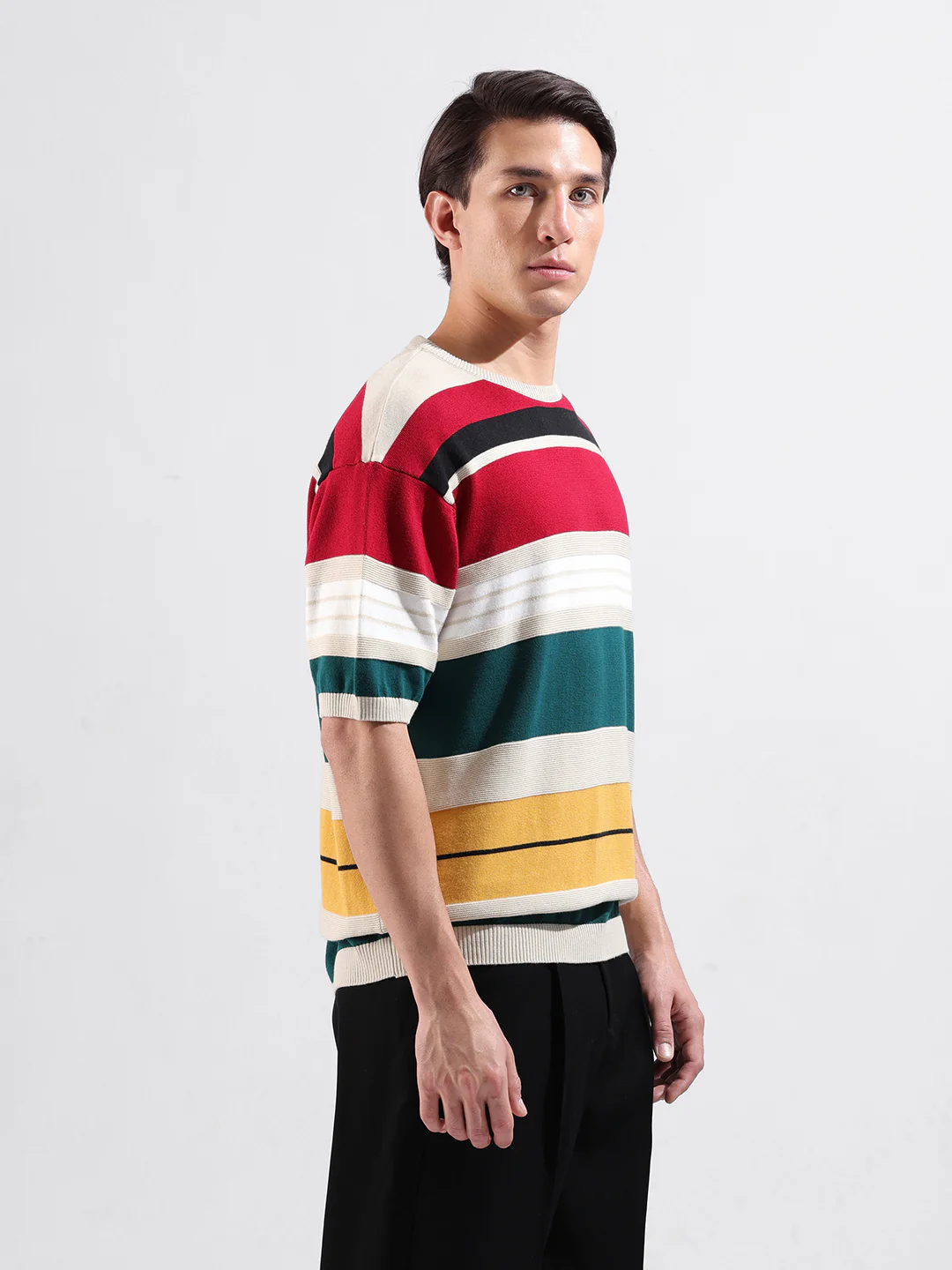 Men's Multicolor Oversized Fit Striped Flat Knit T-Shirt - Image 3