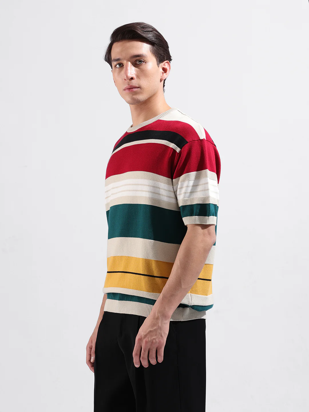 Men's Multicolor Oversized Fit Striped Flat Knit T-Shirt - Image 4