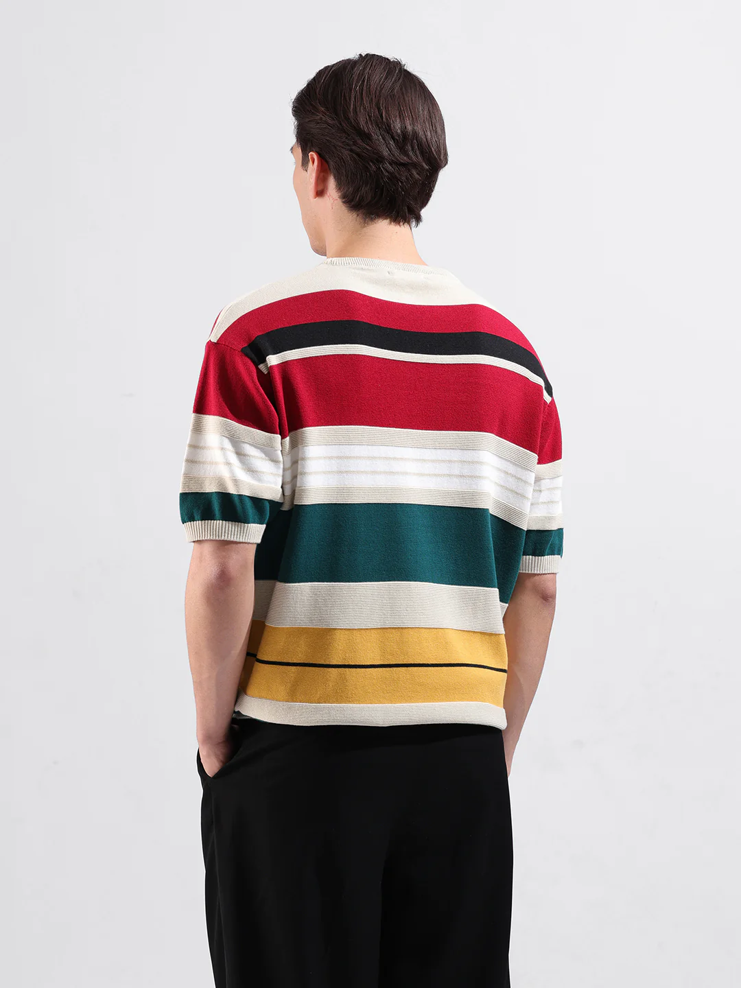 Men's Multicolor Oversized Fit Striped Flat Knit T-Shirt - Image 5