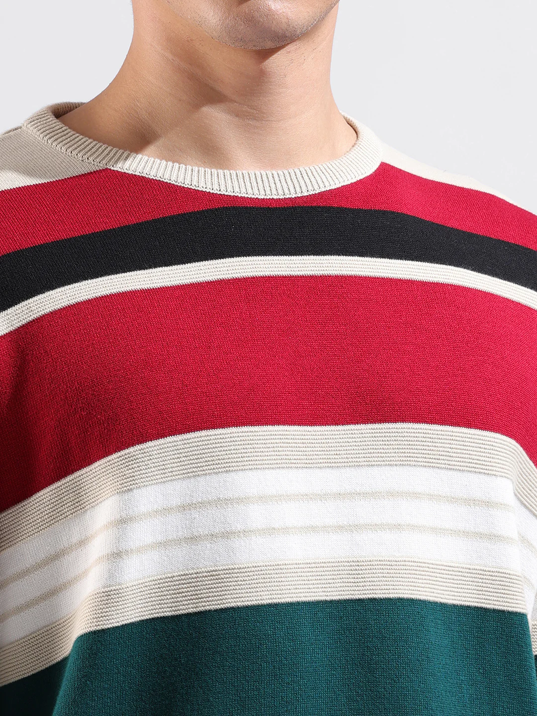 Men's Multicolor Oversized Fit Striped Flat Knit T-Shirt - Image 6