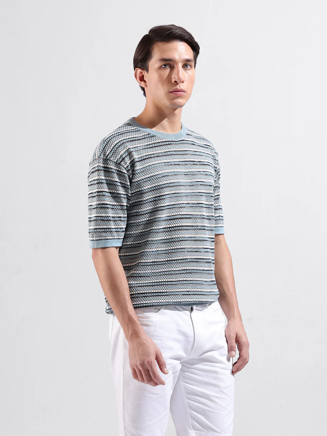 Men's Blue Oversized Fit Striped Flat Knit Crew Neck T-Shirt - Image 2