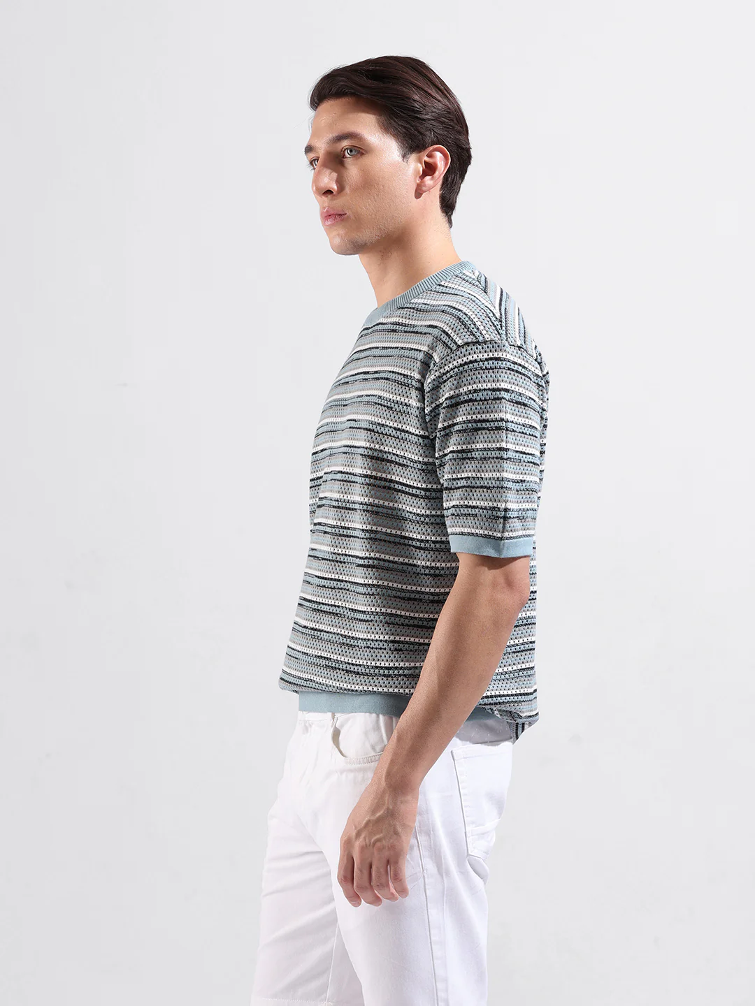 Men's Blue Oversized Fit Striped Flat Knit Crew Neck T-Shirt - Image 3